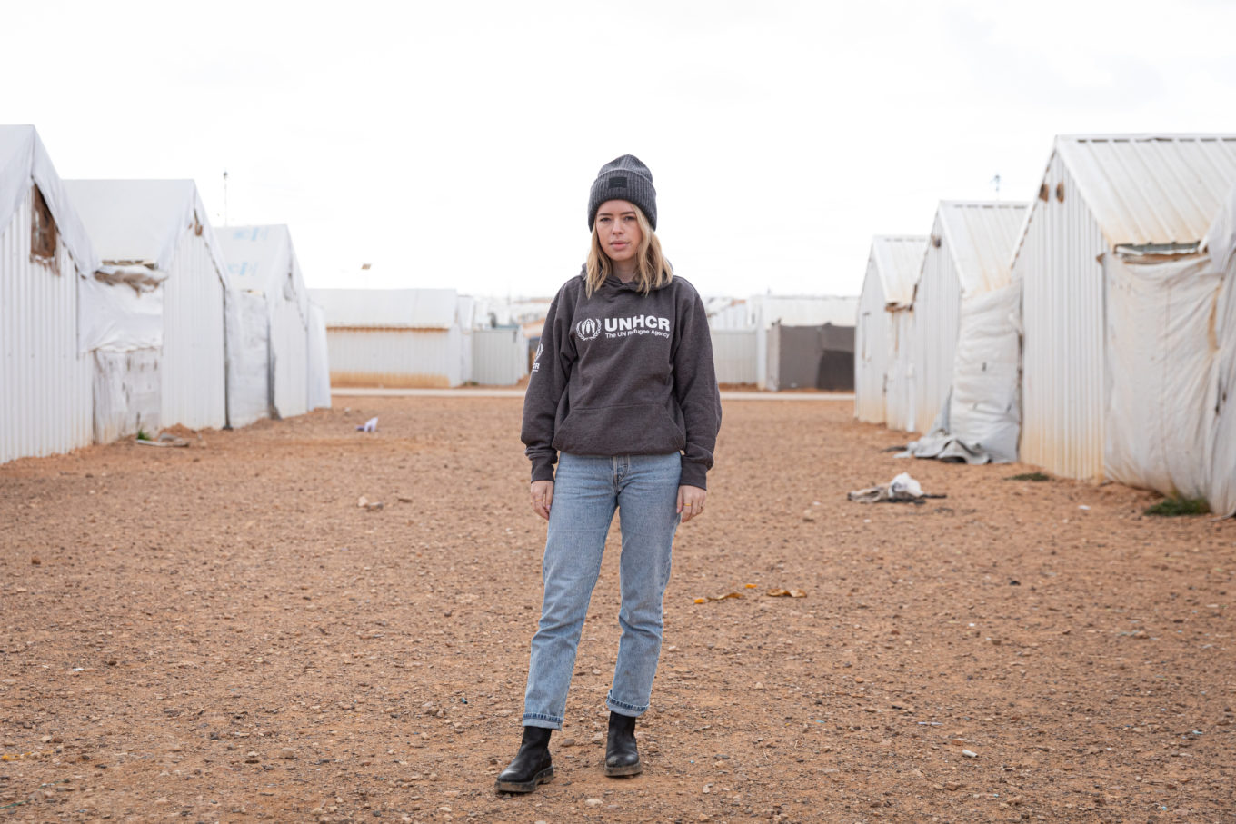 Jordan. UNHCR Supporter Tanya Burr visits UNHCR managed Azraq camp for Syrian refugees.