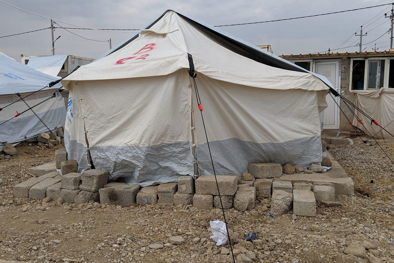 This tent is the temporary shelter for Lazgeen, 25, Maha, 22, and their baby daughter Meera